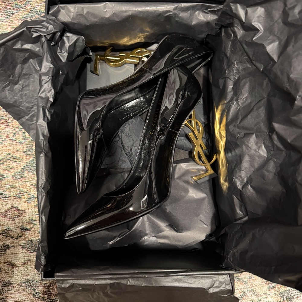 Opyum 110 YSL Black Patent Leather Women's Pumps Heels Gold Detail size 7 NWT - Picture 5 of 12